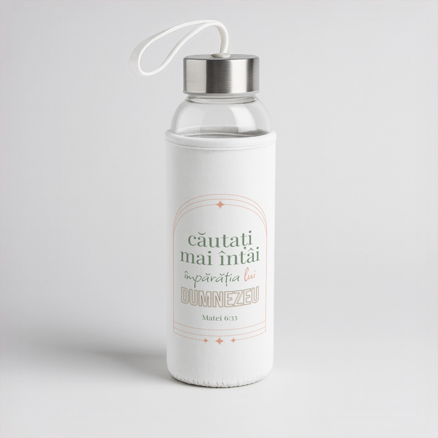 Bidon sticla cu husa textila, cu verset biblic - Matei 6:33